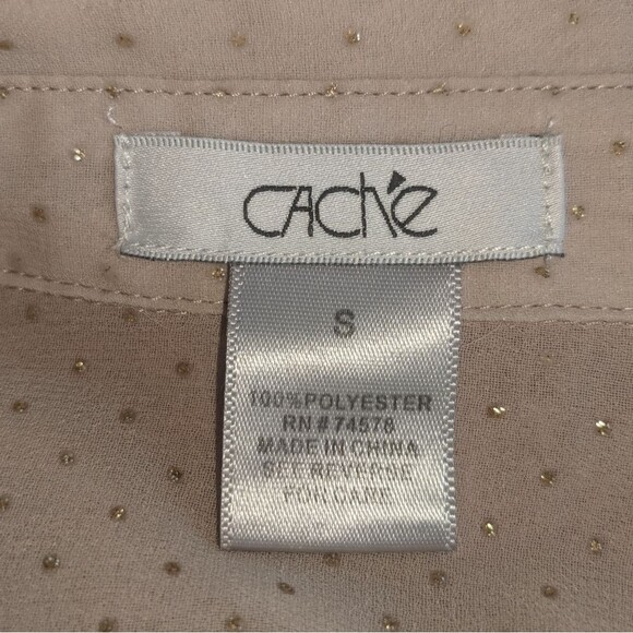 Vtg Cache Cream Brown Sheer Long-sleeve V-neck Blouse W/ Golden Dot Deta… - Picture 3 of 6